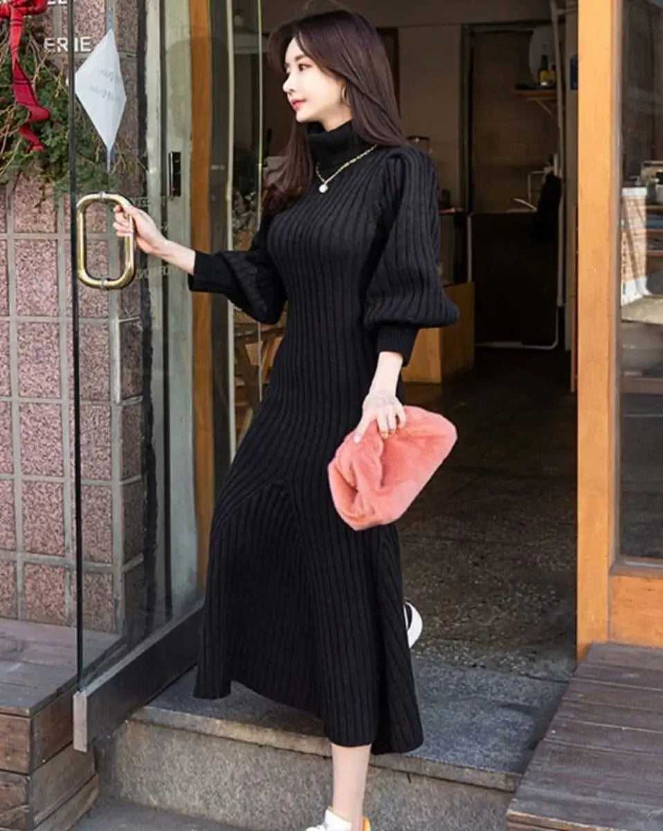 <残り1点!>【動画あり】タートルネックふんわり美シルエットリブワンピース 2色展開 mirror me