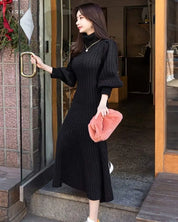 <残り1点!>【動画あり】タートルネックふんわり美シルエットリブワンピース 2色展開 mirror me