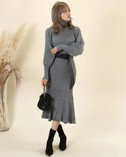 <残り1点!>【動画あり】タートルネックふんわり美シルエットリブワンピース 2色展開 mirror me