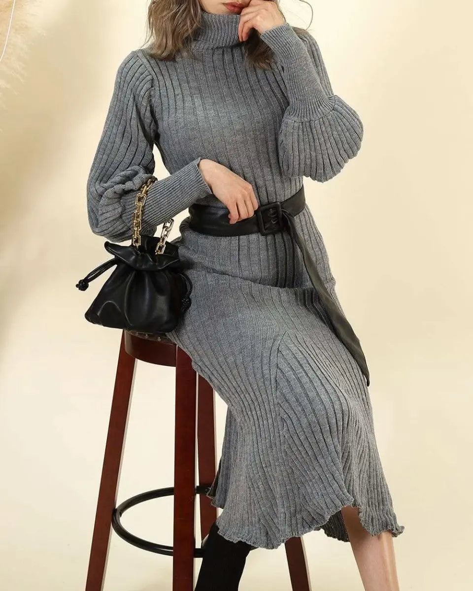 <残り1点!>【動画あり】タートルネックふんわり美シルエットリブワンピース 2色展開 mirror me