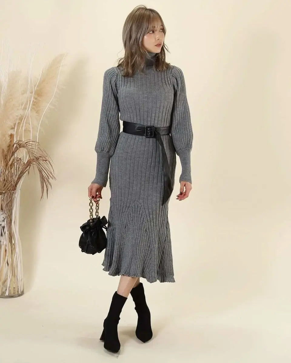 <残り1点!>【動画あり】タートルネックふんわり美シルエットリブワンピース 2色展開 mirror me