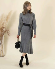 <残り1点!>【動画あり】タートルネックふんわり美シルエットリブワンピース 2色展開 mirror me