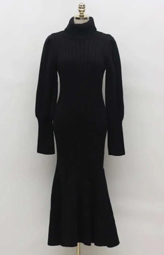 <残り1点!>【動画あり】タートルネックふんわり美シルエットリブワンピース 2色展開 mirror me