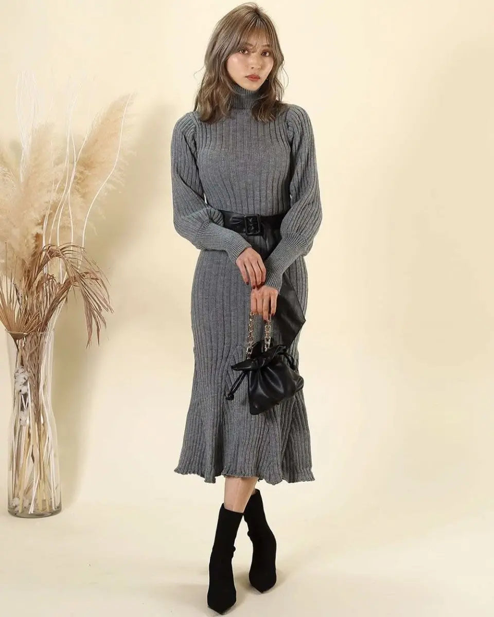 <残り1点!>【動画あり】タートルネックふんわり美シルエットリブワンピース 2色展開 mirror me