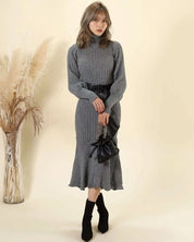 <残り1点!>【動画あり】タートルネックふんわり美シルエットリブワンピース 2色展開 mirror me