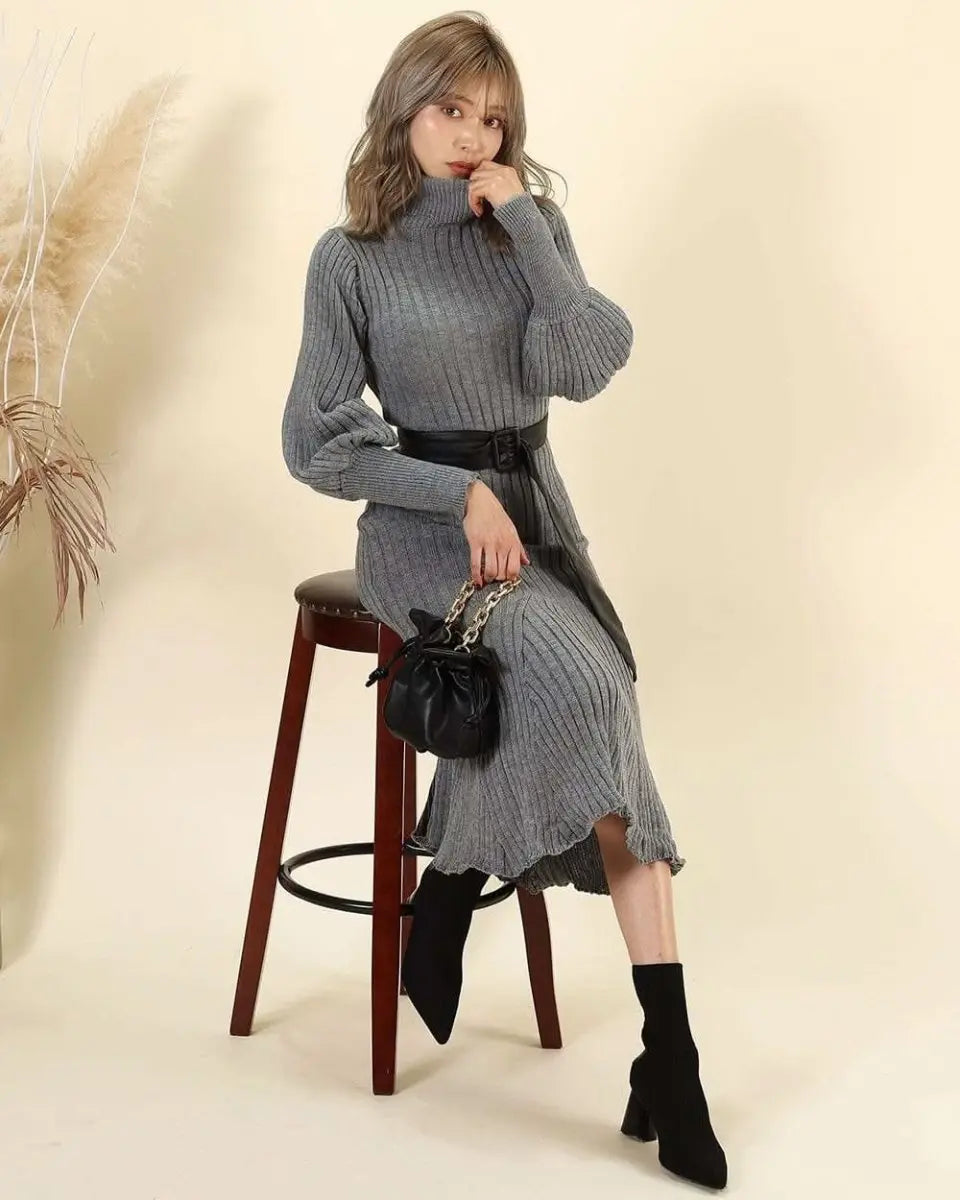 <残り1点!>【動画あり】タートルネックふんわり美シルエットリブワンピース 2色展開 mirror me