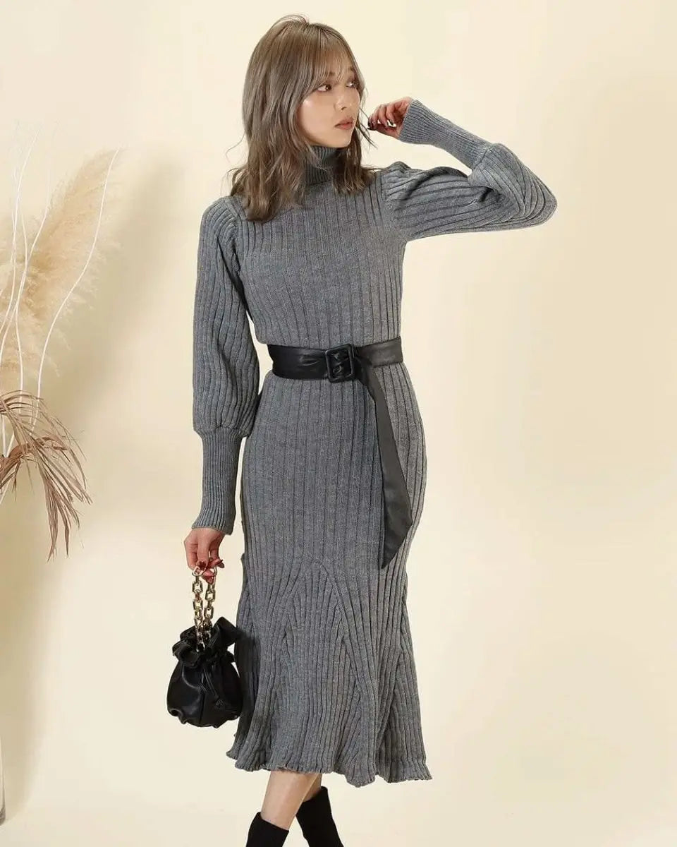 <残り1点!>【動画あり】タートルネックふんわり美シルエットリブワンピース 2色展開 mirror me