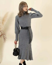 <残り1点!>【動画あり】タートルネックふんわり美シルエットリブワンピース 2色展開 mirror me