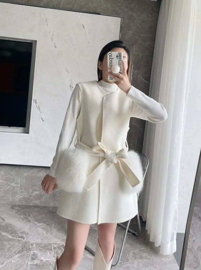 <インスタグラマー様ご愛用>【高品質ウール100%&フォックスファー】【動画あり】ボリュームファーポケットコート2点セット 2色展開 mirror me