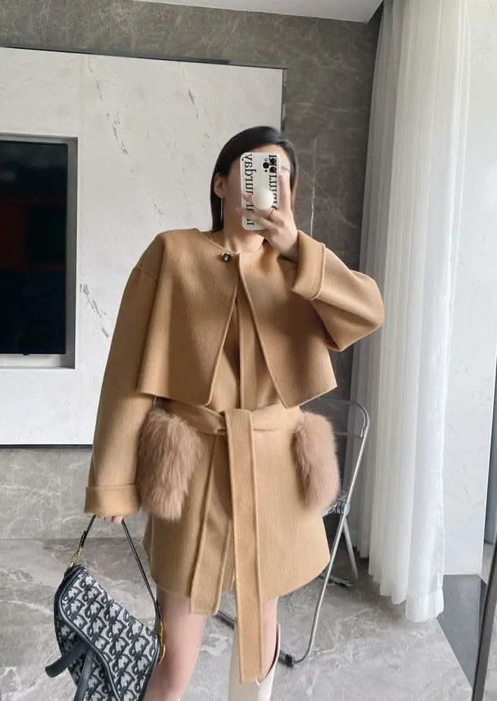 <インスタグラマー様ご愛用>【高品質ウール100%&フォックスファー】【動画あり】ボリュームファーポケットコート2点セット 2色展開 mirror me