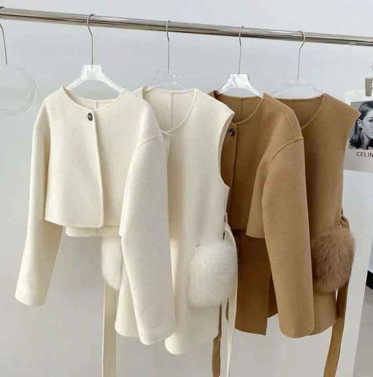 <インスタグラマー様ご愛用>【高品質ウール100%&フォックスファー】【動画あり】ボリュームファーポケットコート2点セット 2色展開 mirror me