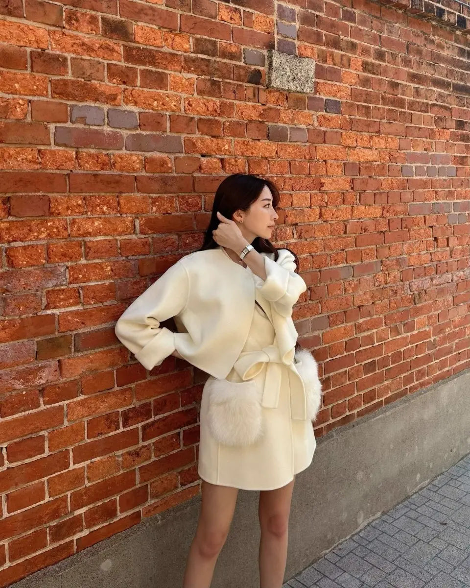 <インスタグラマー様ご愛用>【高品質ウール100%&フォックスファー】【動画あり】ボリュームファーポケットコート2点セット 2色展開 mirror me