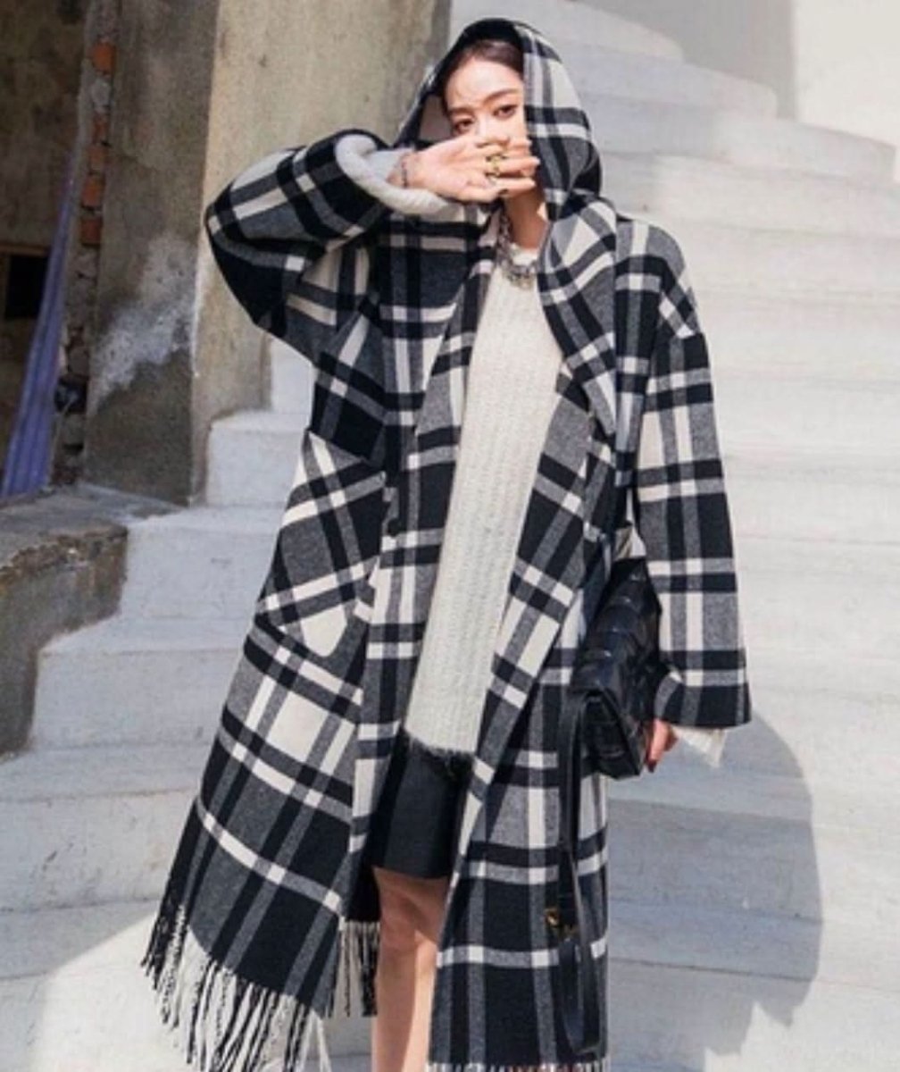 フード付きフリンジチェック柄アウター - select store mirror meフード付きフリンジチェック柄アウター164013818mirror meselect store mirror me164013818S