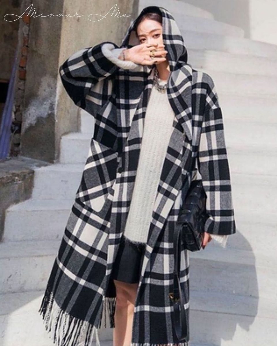 フード付きフリンジチェック柄アウター - select store mirror meフード付きフリンジチェック柄アウター164013818mirror meselect store mirror me164013818S