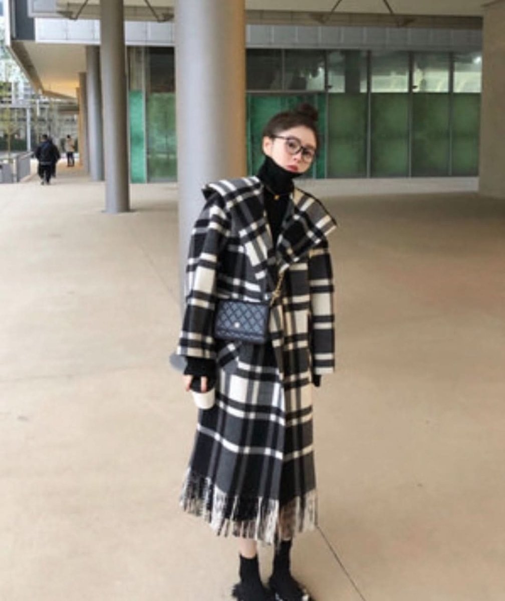 フード付きフリンジチェック柄アウター - select store mirror meフード付きフリンジチェック柄アウター164013818mirror meselect store mirror me164013818S