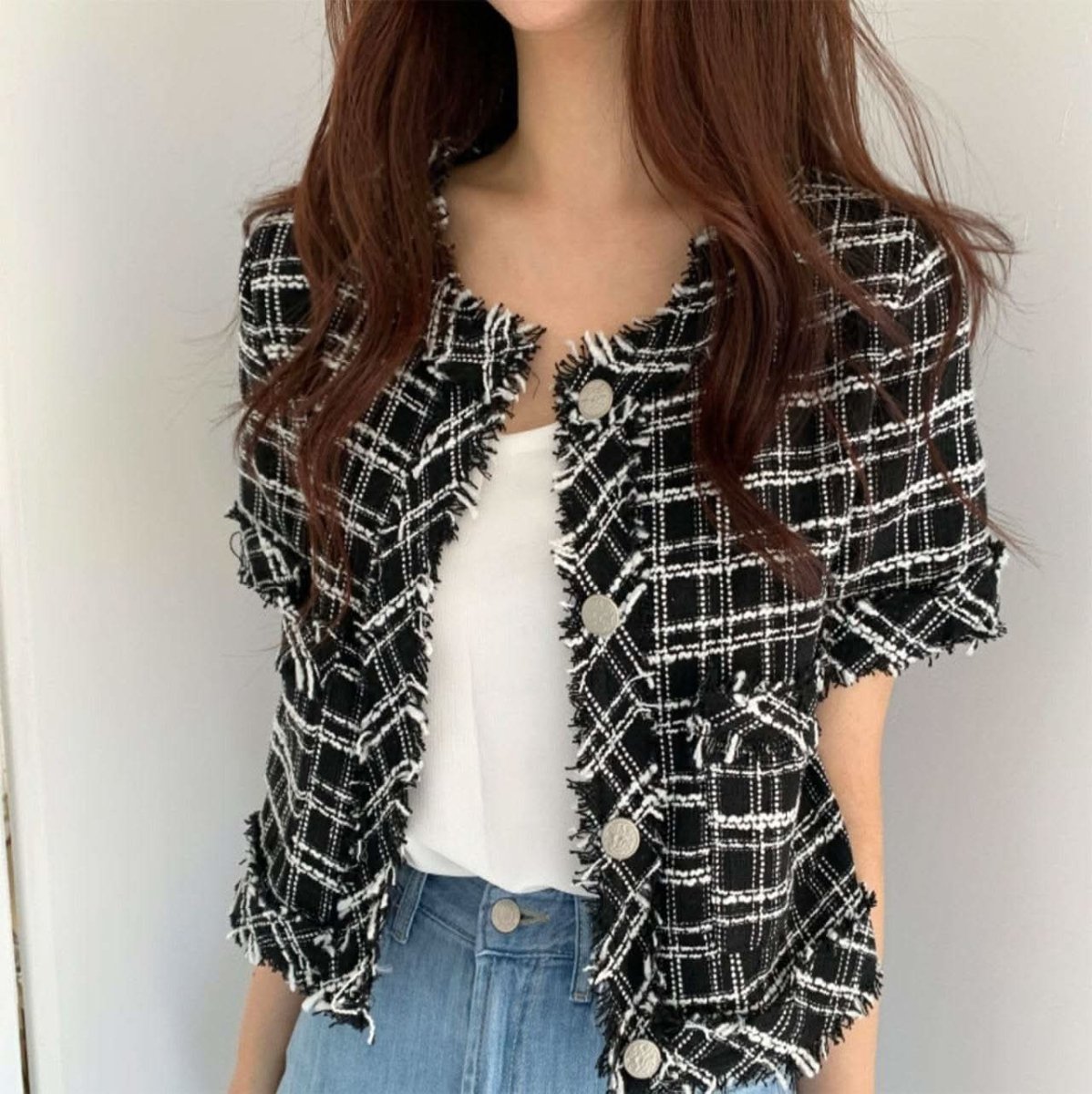 フリンジツイード上品半袖ジャケット 2色展開 - select store mirror meフリンジツイード上品半袖ジャケット 2色展開109582183mirror meselect store mirror me109582183ホワイト