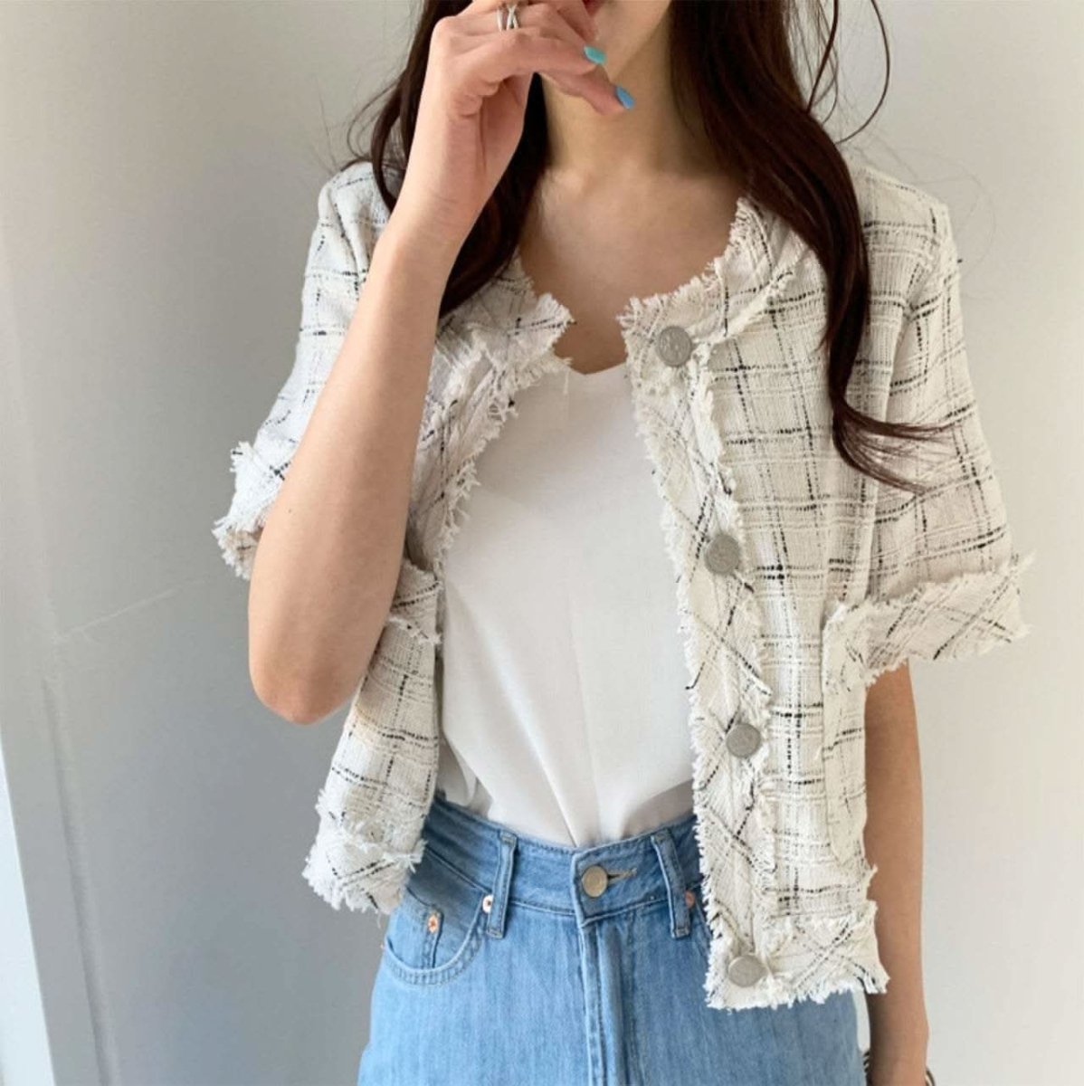 フリンジツイード上品半袖ジャケット 2色展開 - select store mirror meフリンジツイード上品半袖ジャケット 2色展開109582183mirror meselect store mirror me109582183ホワイト