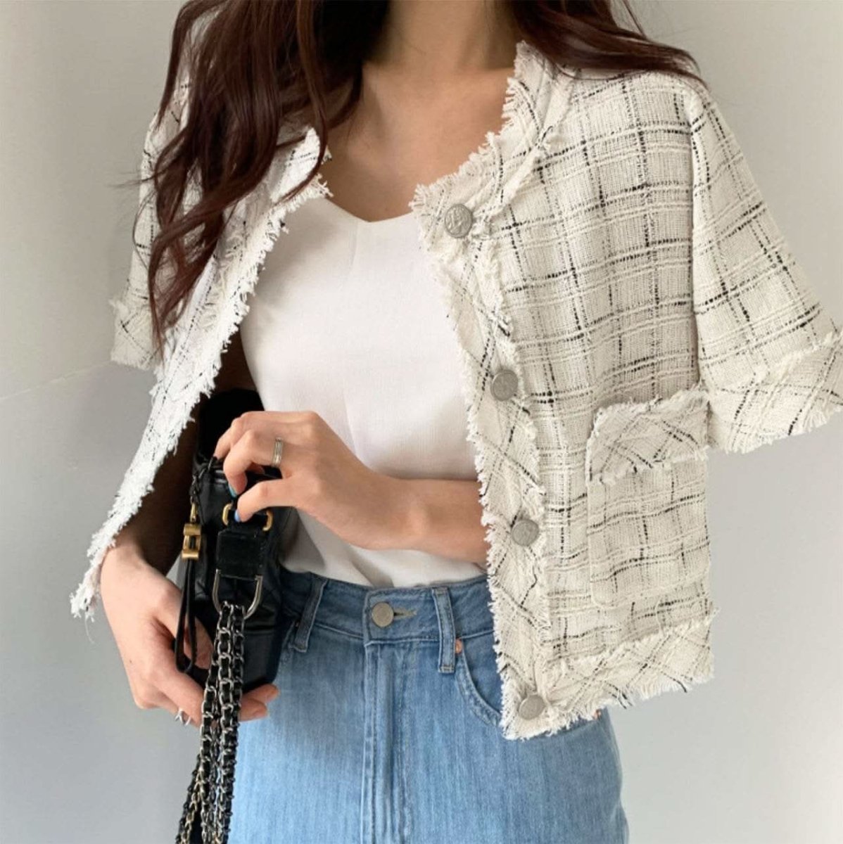 フリンジツイード上品半袖ジャケット 2色展開 - select store mirror meフリンジツイード上品半袖ジャケット 2色展開109582183mirror meselect store mirror me109582183ホワイト