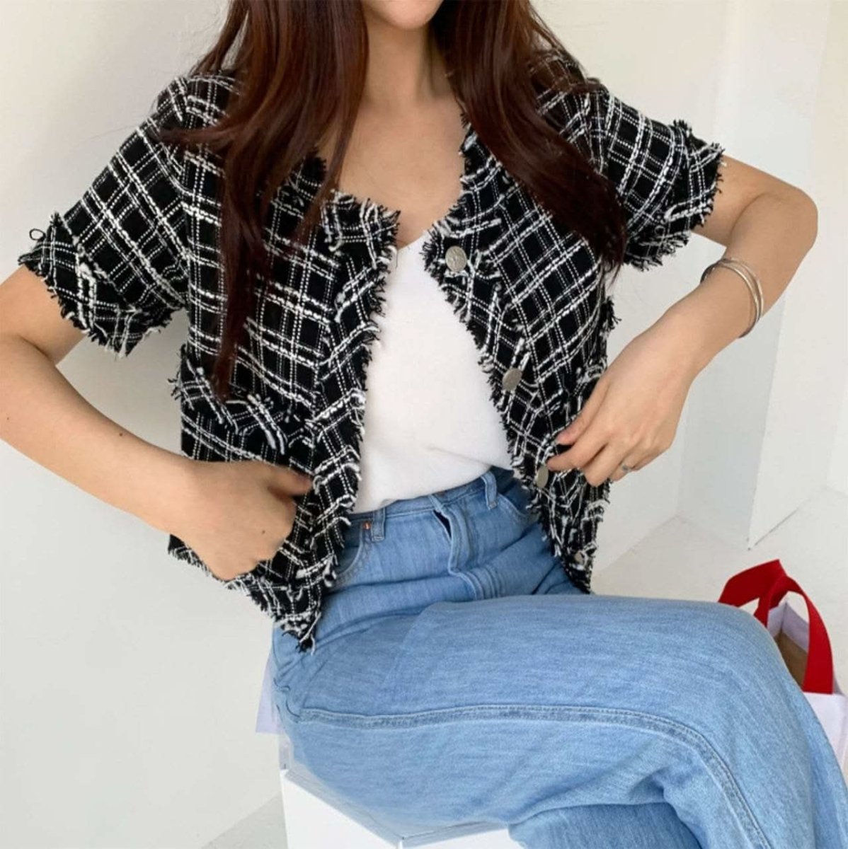 フリンジツイード上品半袖ジャケット 2色展開 - select store mirror meフリンジツイード上品半袖ジャケット 2色展開109582183mirror meselect store mirror me109582183ホワイト