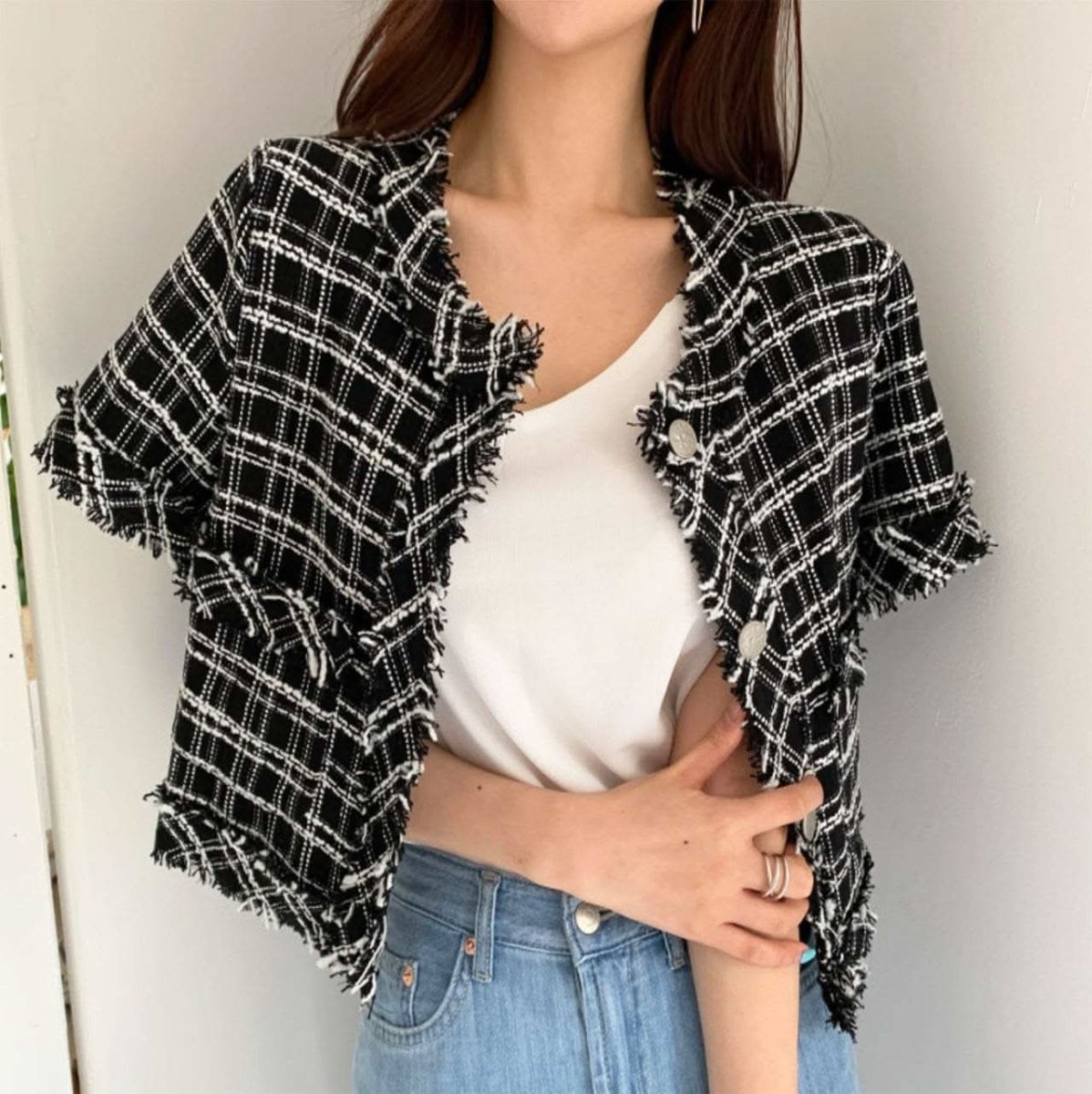 フリンジツイード上品半袖ジャケット 2色展開 - select store mirror meフリンジツイード上品半袖ジャケット 2色展開109582183mirror meselect store mirror me109582183ホワイト