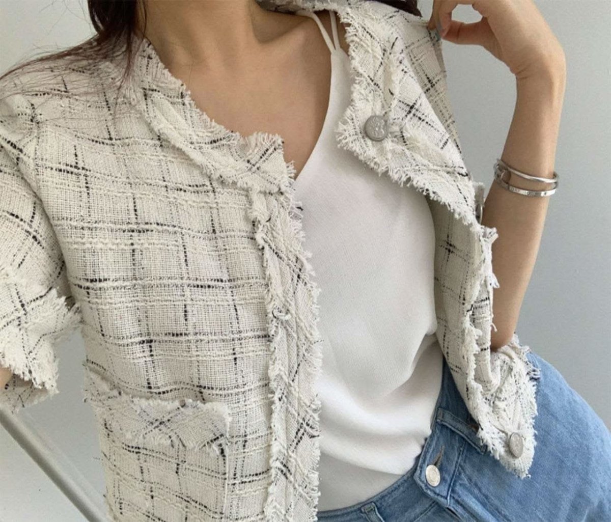 フリンジツイード上品半袖ジャケット 2色展開 - select store mirror meフリンジツイード上品半袖ジャケット 2色展開109582183mirror meselect store mirror me109582183ホワイト