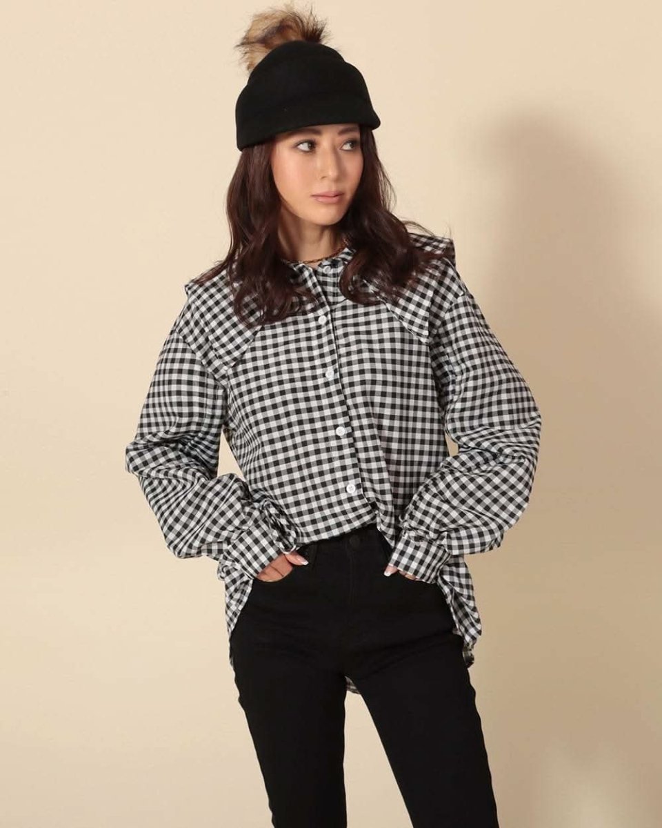 動画あり】スリーブギャザーリボンギンガムチェックブラウス 2色展開