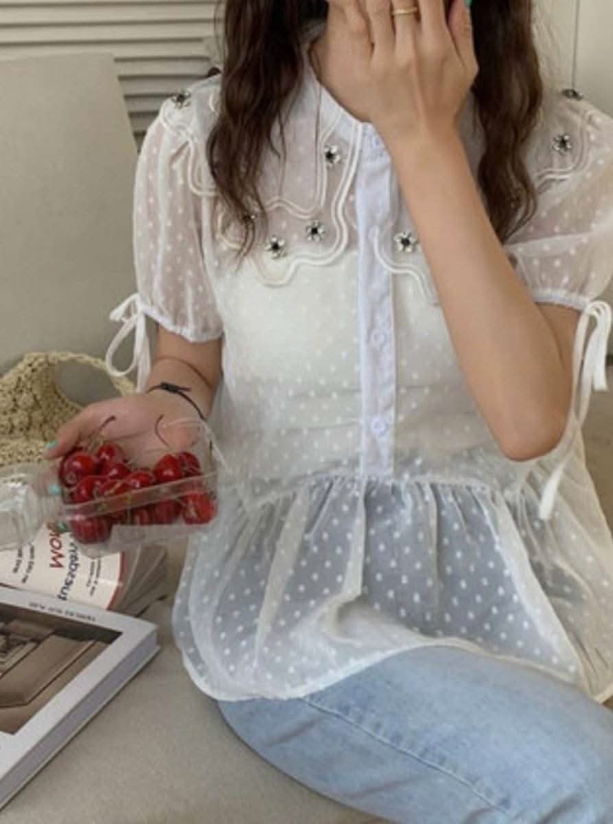 シースルードットビジュー襟ブラウス 2色展開 - select store mirror meシースルードットビジュー襟ブラウス 2色展開139311340mirror meselect store mirror me139311340ホワイト S