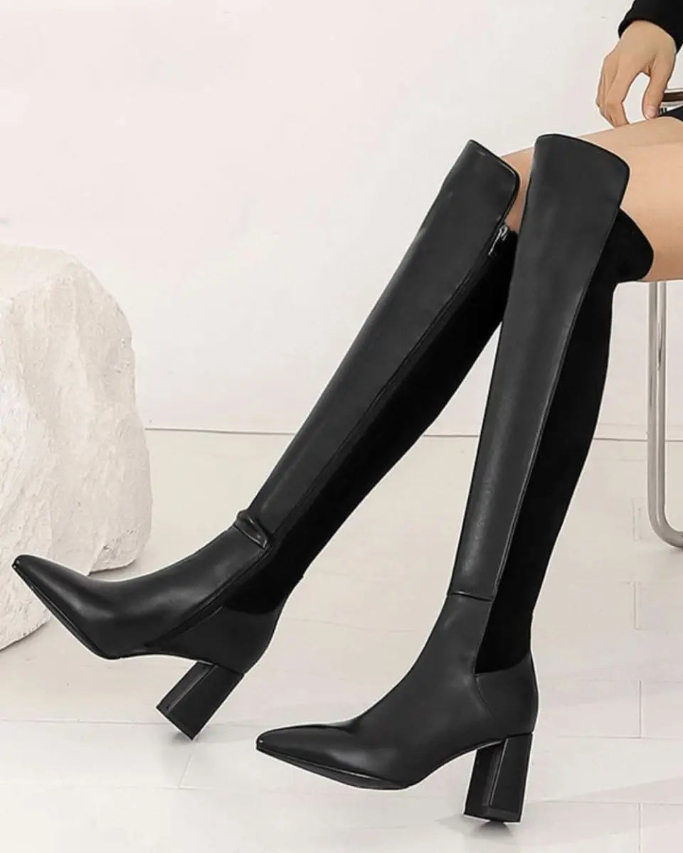 【本革】【動画あり】切り替えアシンメトリーブラックロングブーツ 2種展開 mirror me