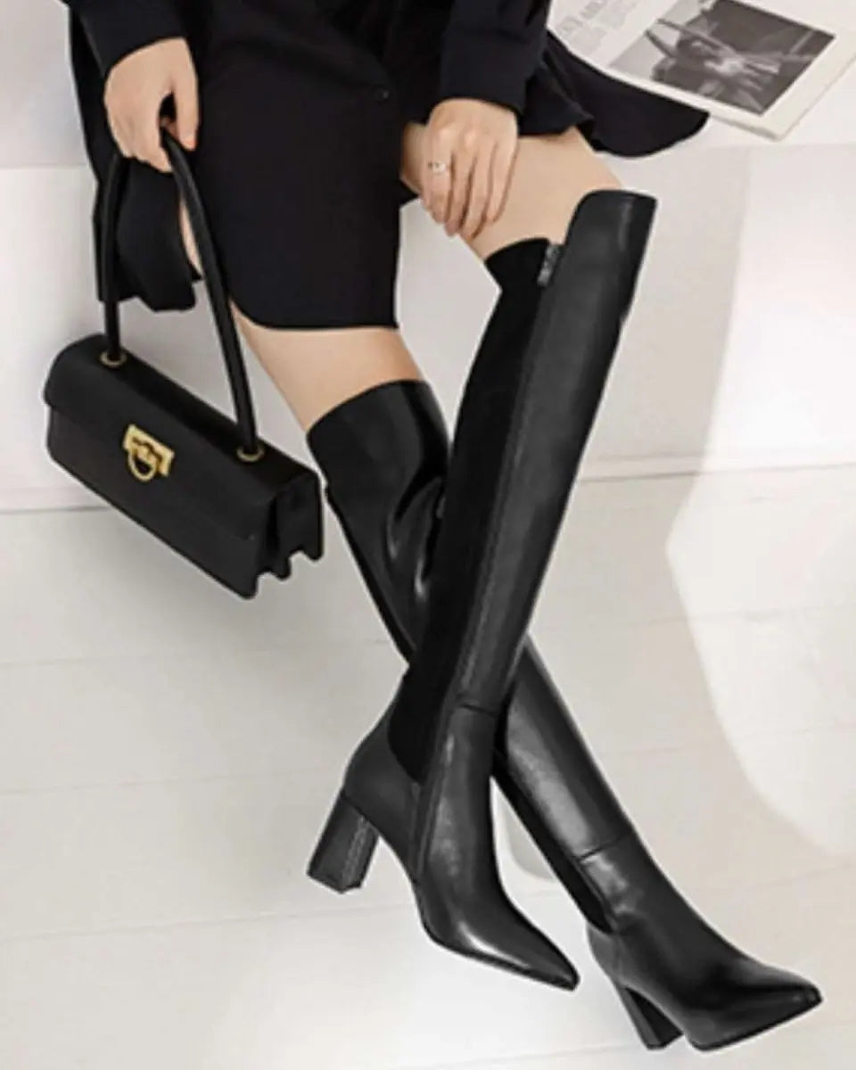 【本革】【動画あり】切り替えアシンメトリーブラックロングブーツ 2種展開 mirror me