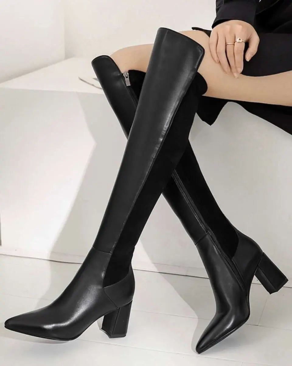 【本革】【動画あり】切り替えアシンメトリーブラックロングブーツ 2種展開 mirror me