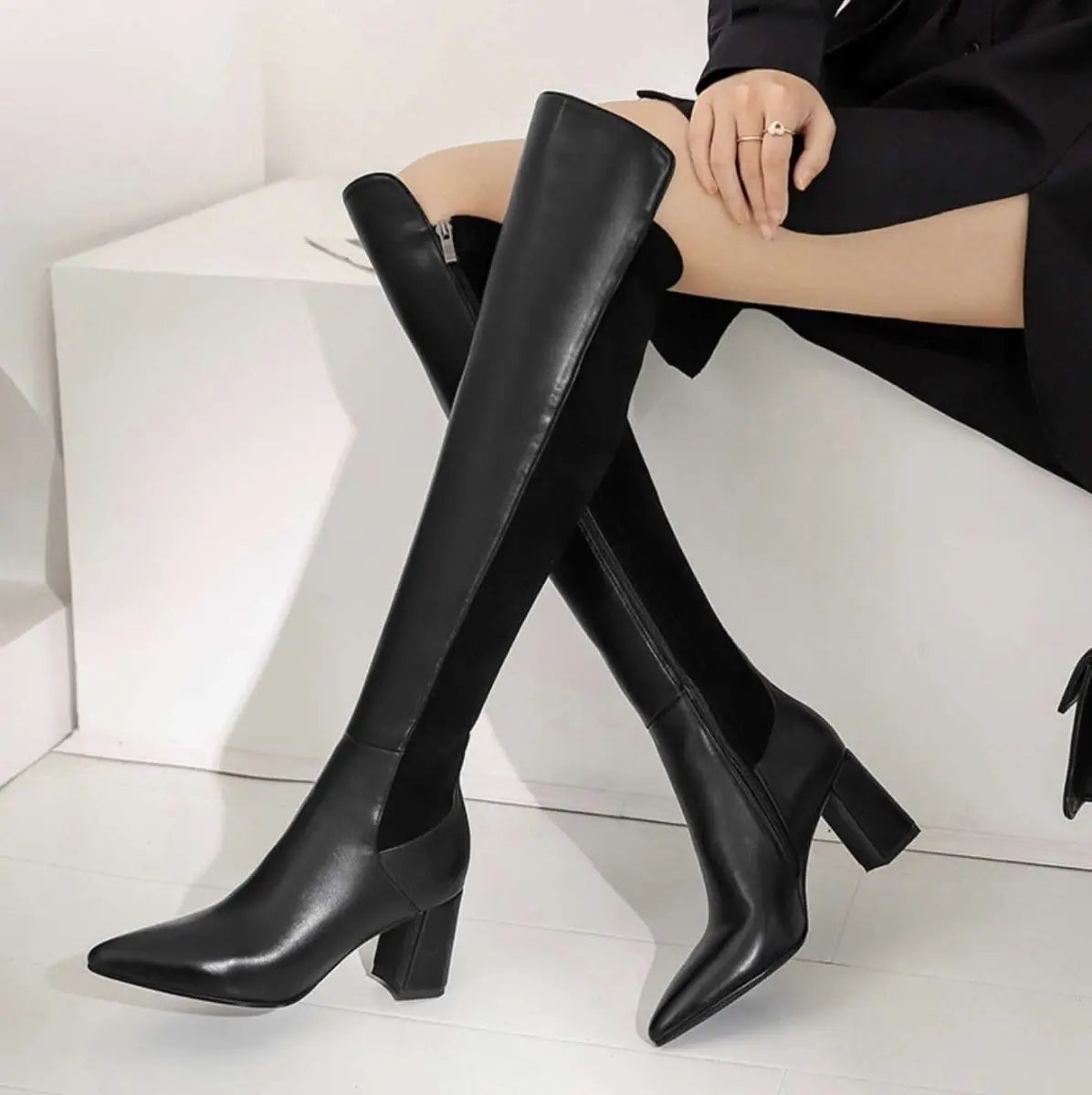 【本革】【動画あり】切り替えアシンメトリーブラックロングブーツ 2種展開 mirror me