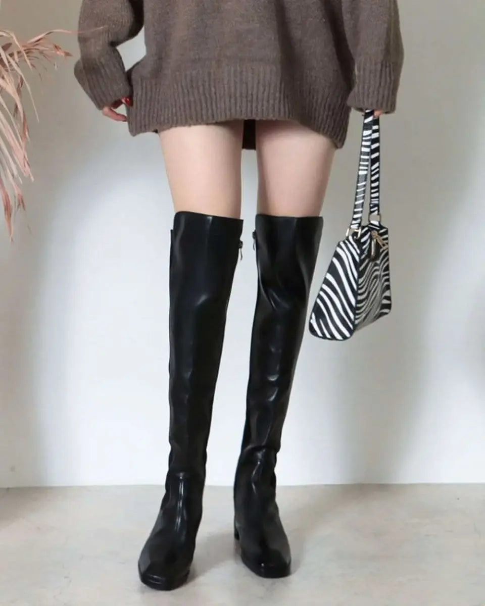 【本革】【動画あり】切り替えアシンメトリーブラックロングブーツ 2種展開 mirror me