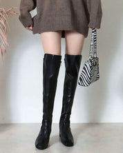 【本革】【動画あり】切り替えアシンメトリーブラックロングブーツ 2種展開 mirror me