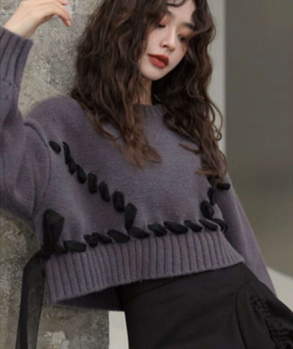 コントラスト編み込みリボンワイドショートニット 2色展開 - select store mirror meコントラスト編み込みリボンワイドショートニット 2色展開163660571mirror meselect store mirror me163660571グレー S