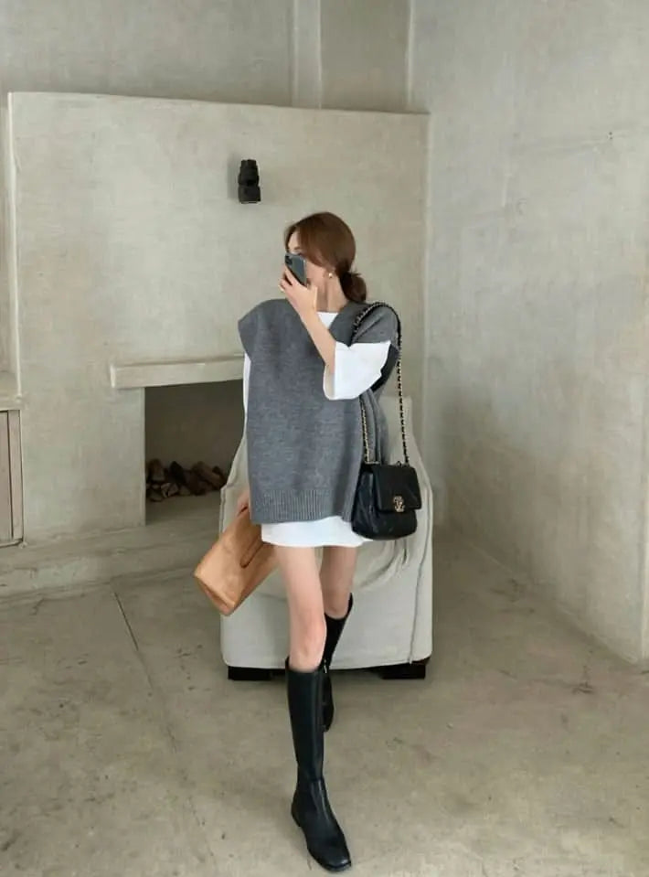 オーバーニットベスト&シャツ2点セット 2色展開 mirror me