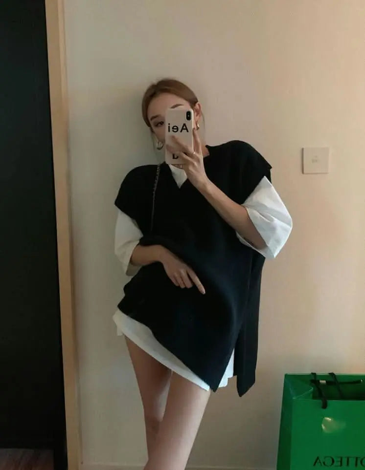 オーバーニットベスト&シャツ2点セット 2色展開 mirror me