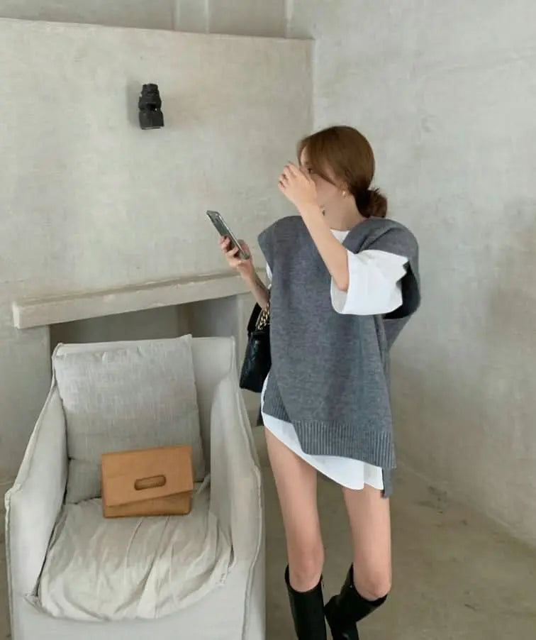 オーバーニットベスト&シャツ2点セット 2色展開 mirror me