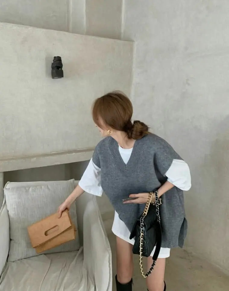 オーバーニットベスト&シャツ2点セット 2色展開 mirror me