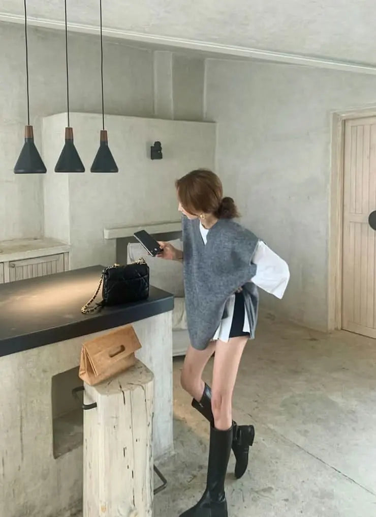 オーバーニットベスト&シャツ2点セット 2色展開 mirror me