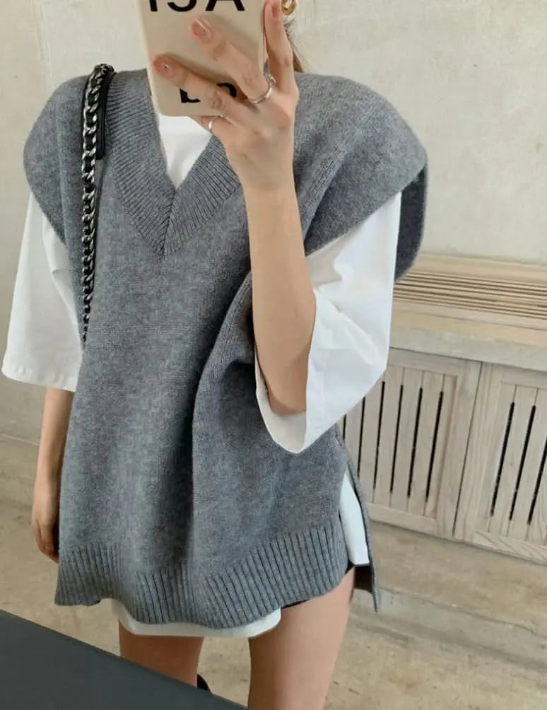 オーバーニットベスト&シャツ2点セット 2色展開 mirror me