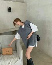 オーバーニットベスト&シャツ2点セット 2色展開 mirror me