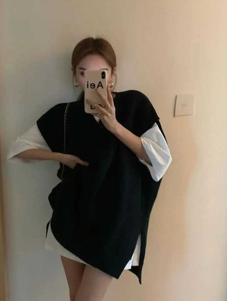 オーバーニットベスト&シャツ2点セット 2色展開 mirror me