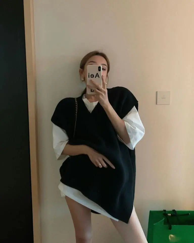 オーバーニットベスト&シャツ2点セット 2色展開 mirror me