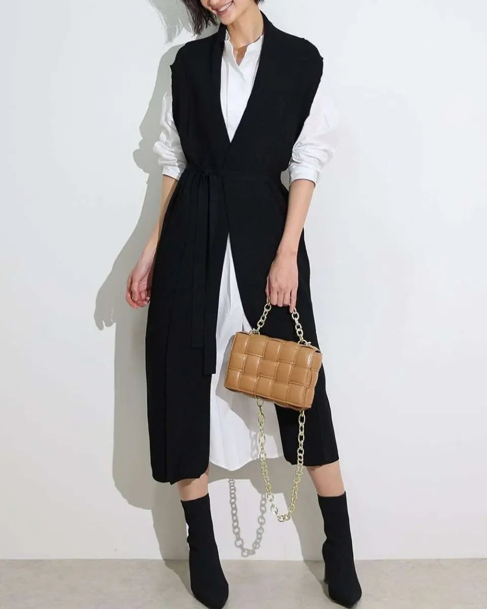 【動画あり】ノーカラーシャツワンピース&ニットロングベスト 2点セット mirror me