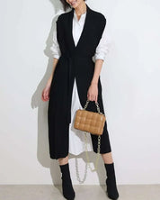 【動画あり】ノーカラーシャツワンピース&ニットロングベスト 2点セット mirror me