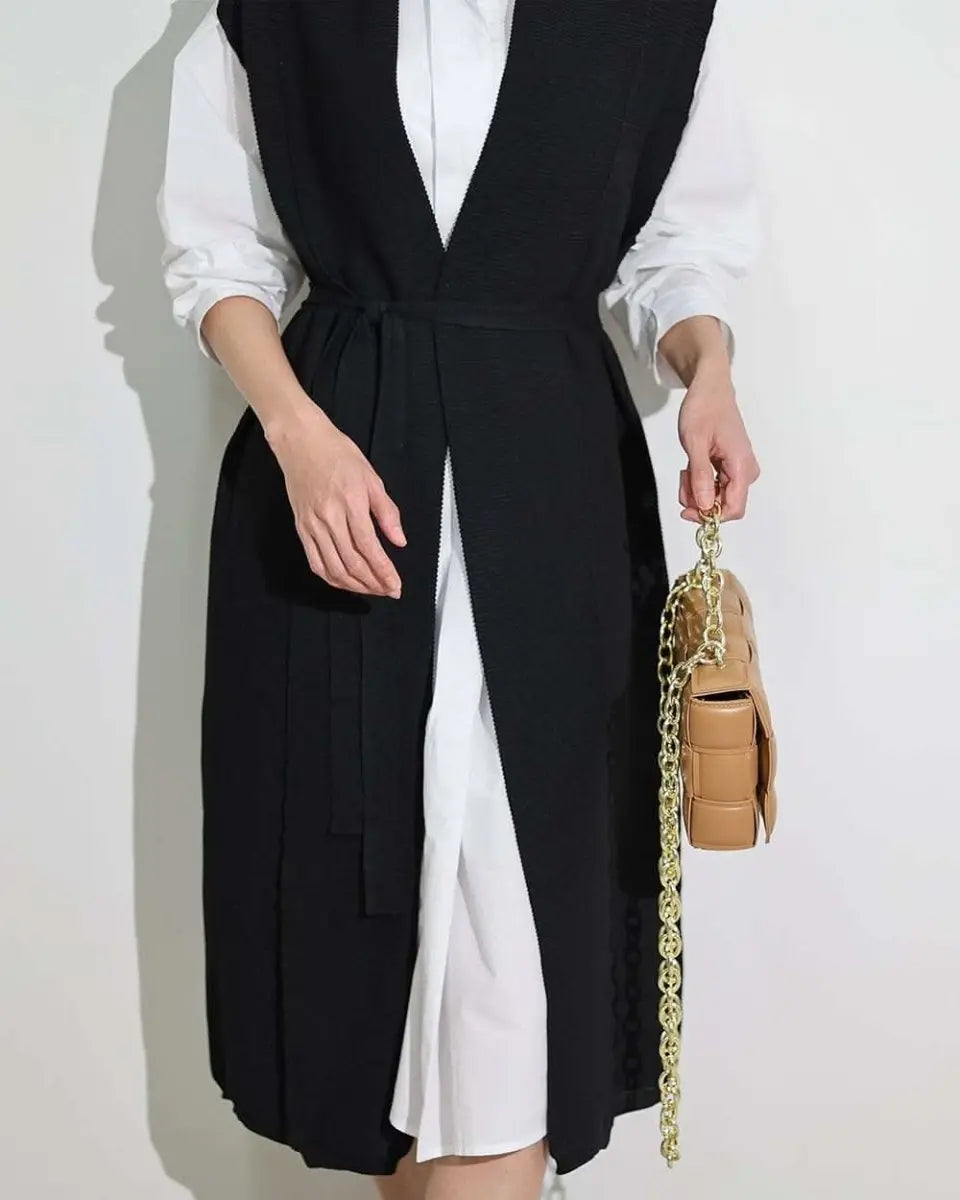 【動画あり】ノーカラーシャツワンピース&ニットロングベスト 2点セット mirror me