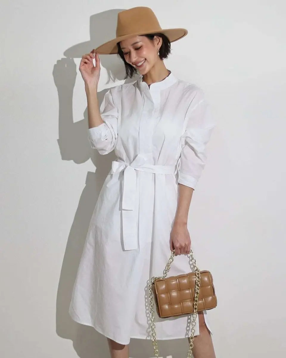 【動画あり】ノーカラーシャツワンピース&ニットロングベスト 2点セット mirror me