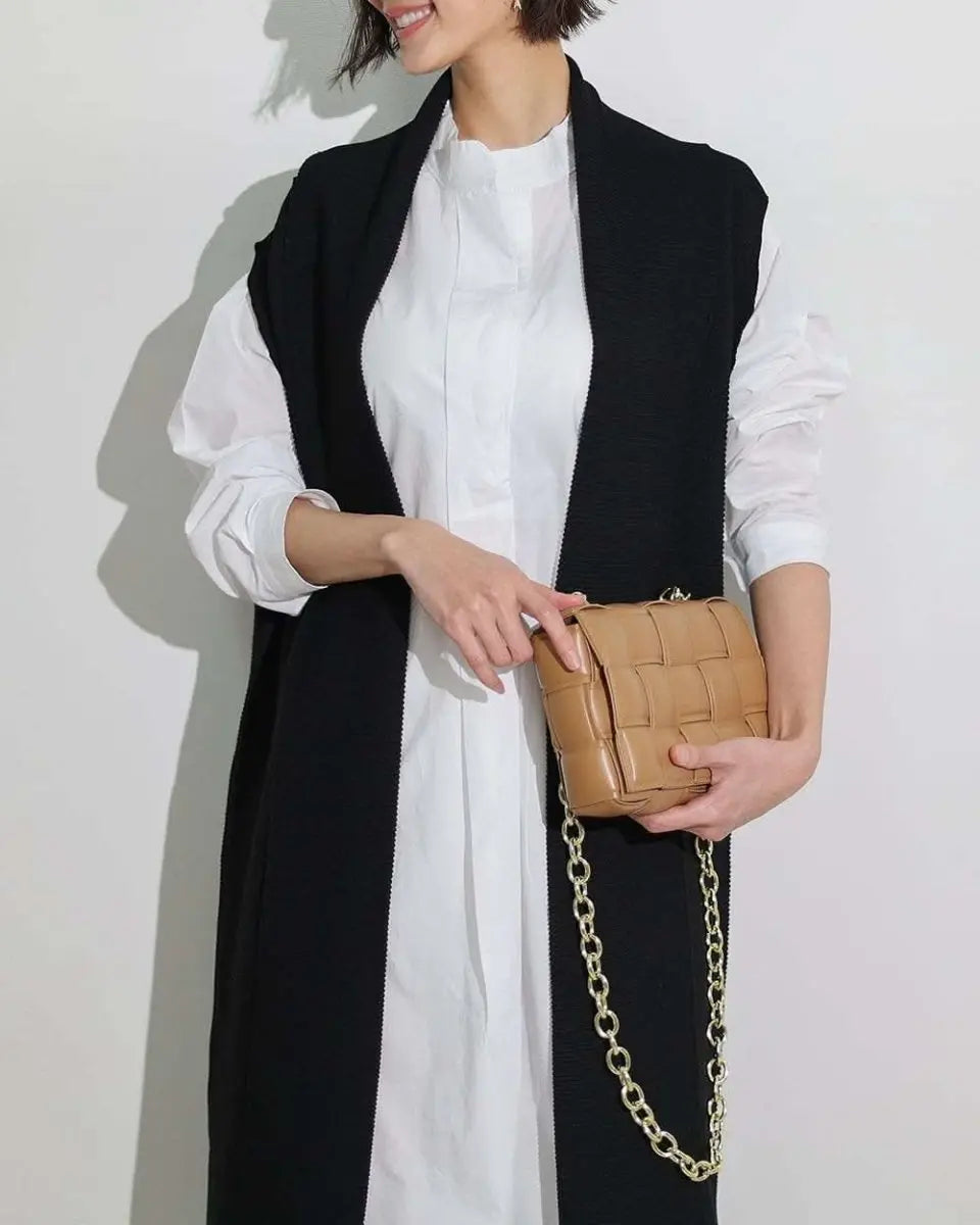 【動画あり】ノーカラーシャツワンピース&ニットロングベスト 2点セット mirror me