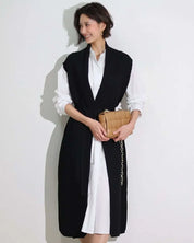 【動画あり】ノーカラーシャツワンピース&ニットロングベスト 2点セット mirror me