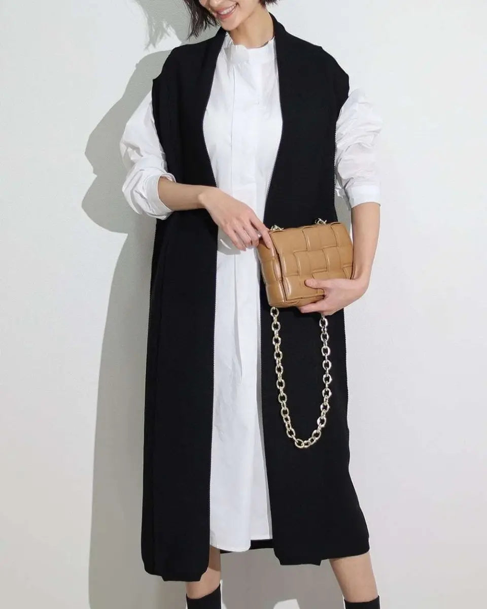 【動画あり】ノーカラーシャツワンピース&ニットロングベスト 2点セット mirror me